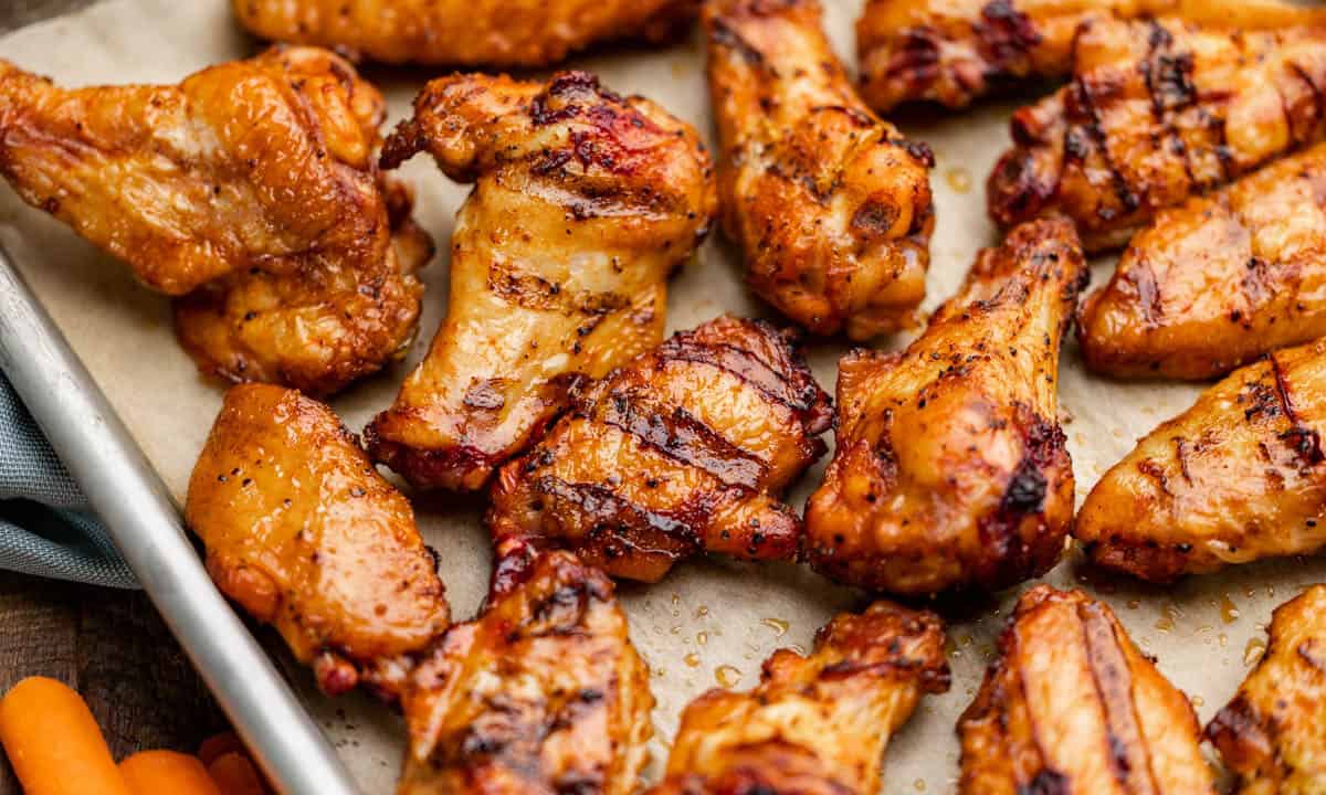 Close up overhead view of smoked chicken wings.