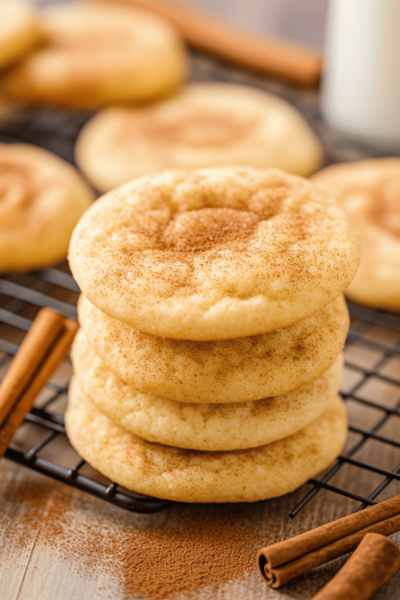 A stack of snickerdoodle cookies on a wire cooling rack.