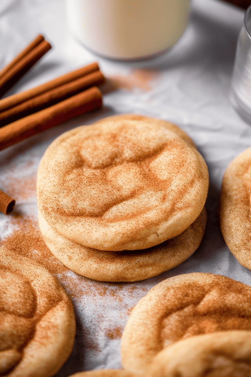 Snickerdoodle cookies dusted with cinnamon on a piece of parchment paper.