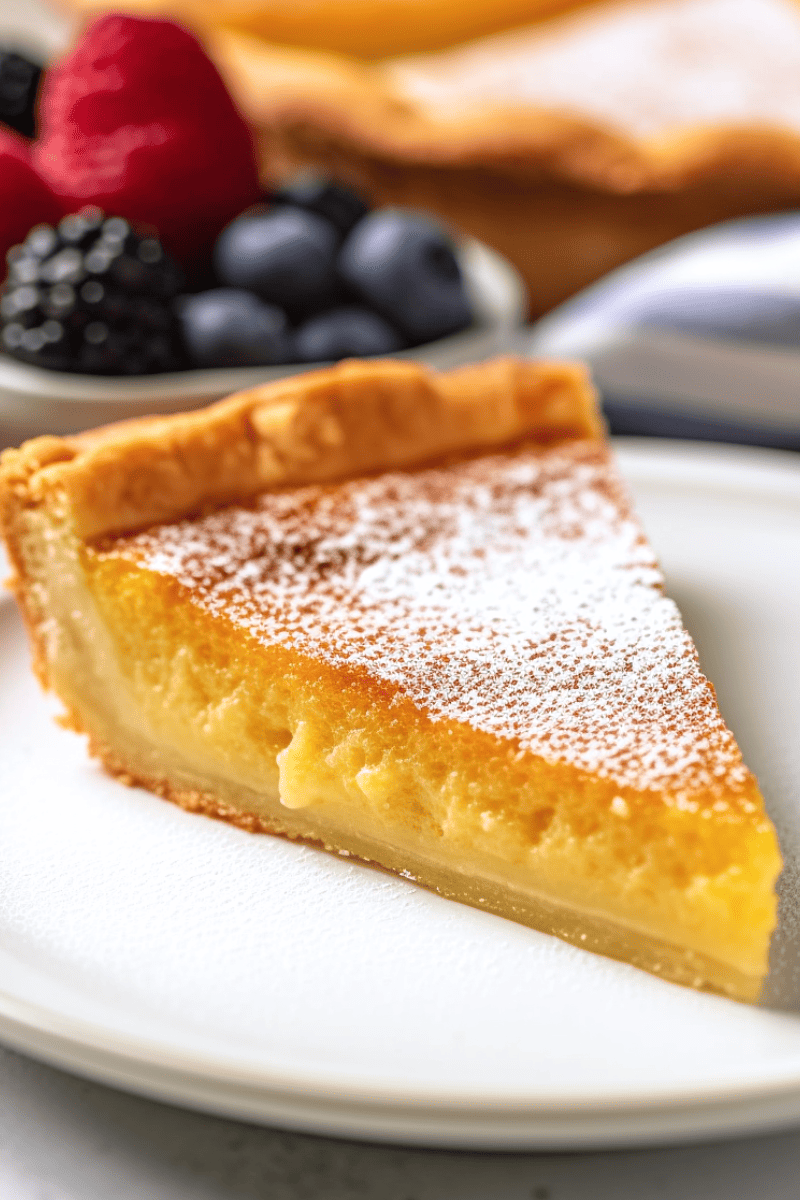 A slice of chess pie dusted with powdered sugar and a bowl of fresh berries in the background.