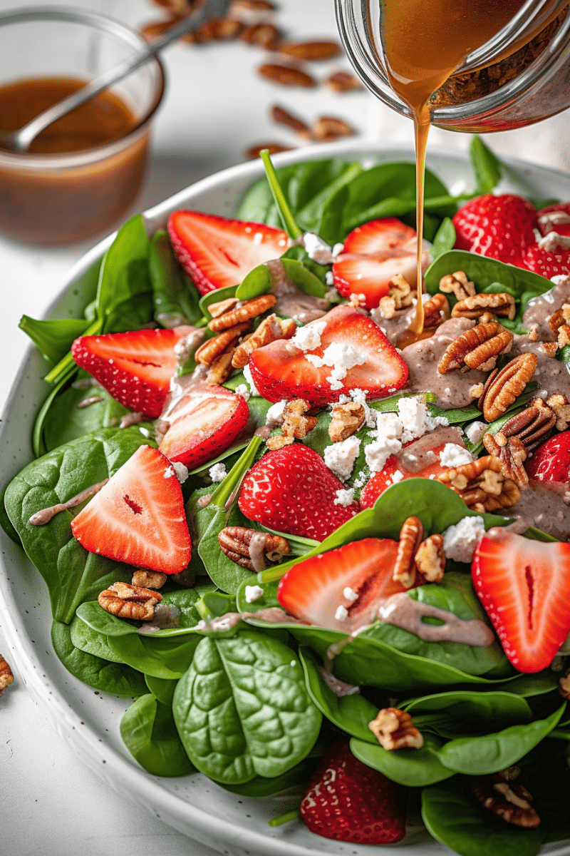 Strawberry Spinach Salad with a dressing being poured over.