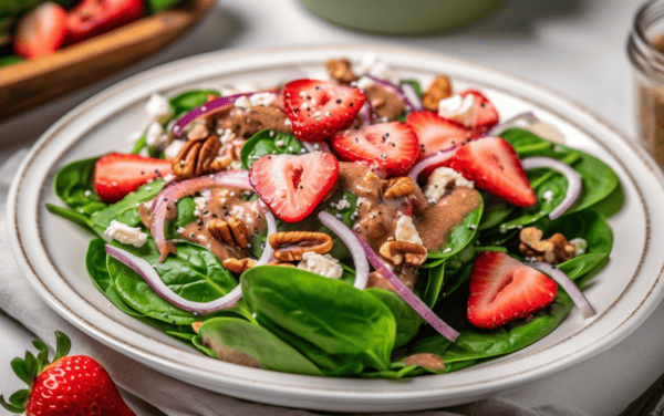 Strawberry Spinach Salad with Poppyseed dressing drizzled over the top.