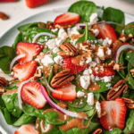 Strawberry Spinach Salad with feta cheese and pecans on a white plate.