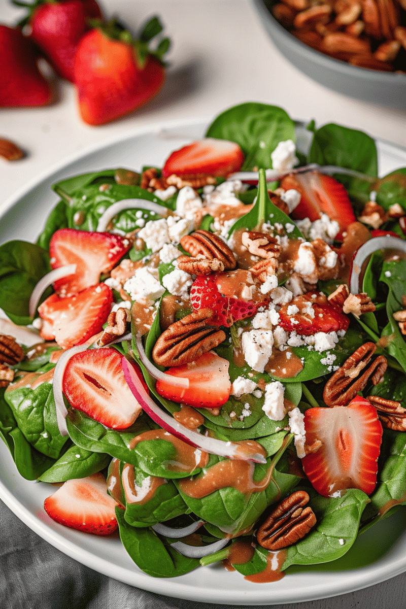 Strawberry Spinach Salad with feta cheese and pecans on a white plate.