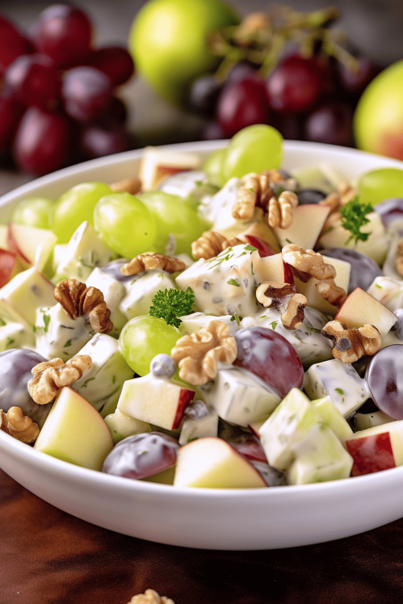 Creamy waldorf salad with grapes, walnuts, apples, and celery in a white bowl.