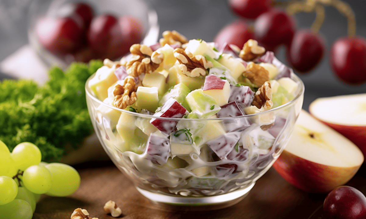 Creamy waldorf salad with grapes, walnuts, apples, and celery in a glass serving dish.