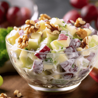 Creamy waldorf salad with grapes, walnuts, apples, and celery in a glass serving dish.