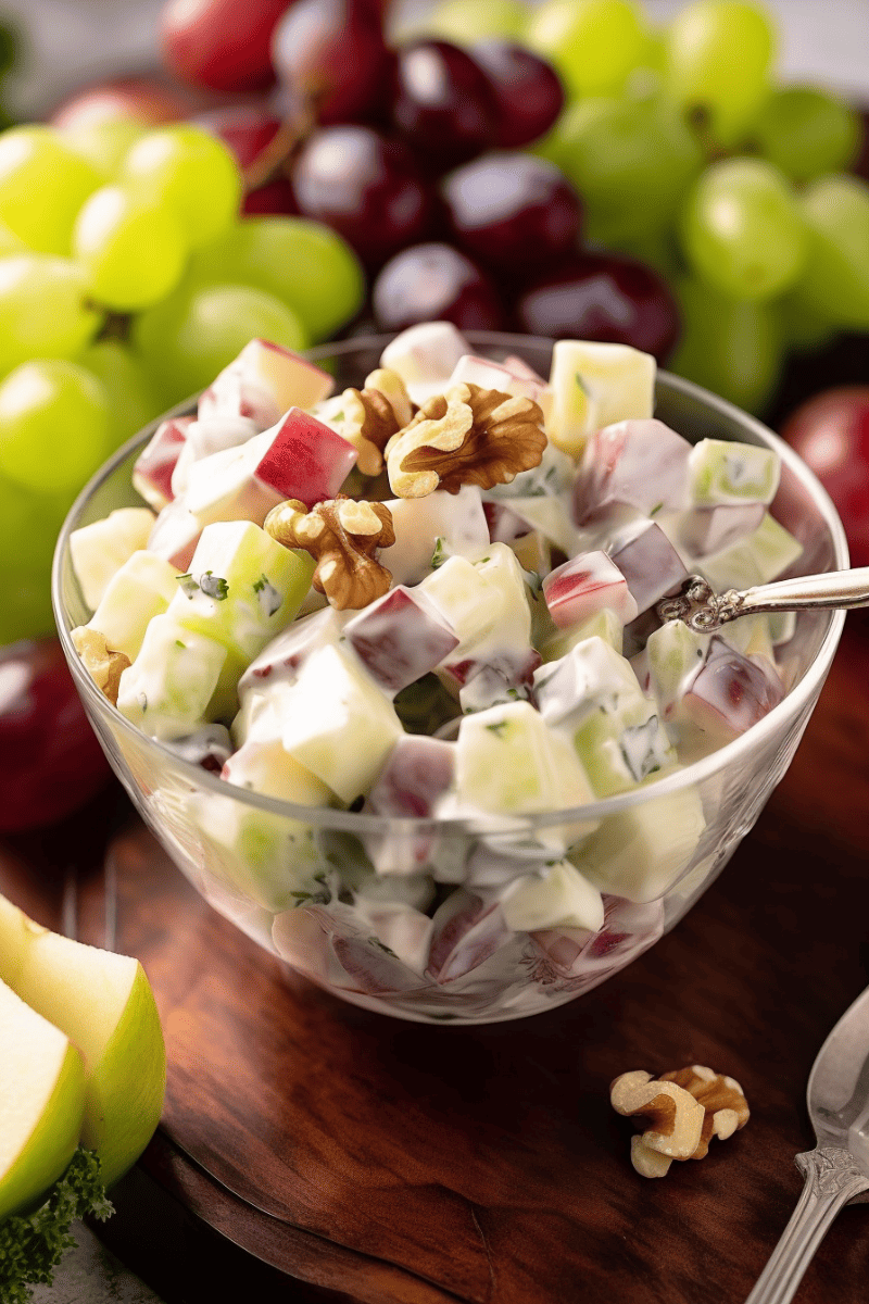 Creamy waldorf salad with grapes, walnuts, apples, and celery in a glass serving dish with a spoon scooping some out.