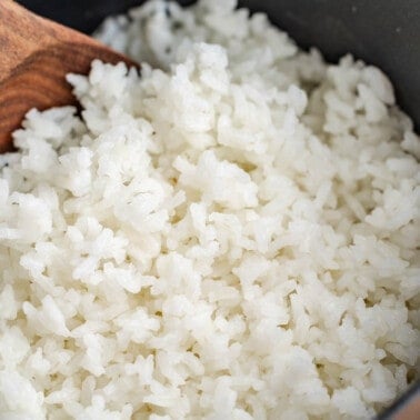 Close up view of white rice.