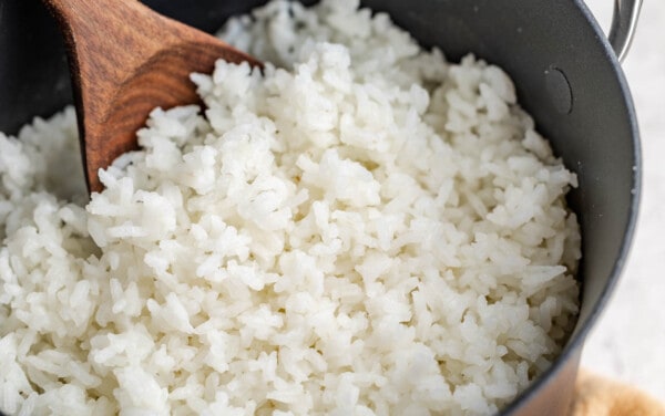 Close up view of white rice.