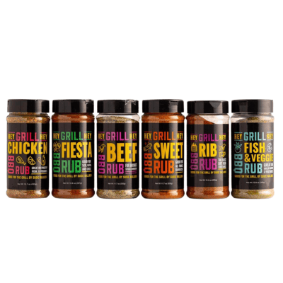 Decorative product image of bottles of rubs from Hey Grill Hey.