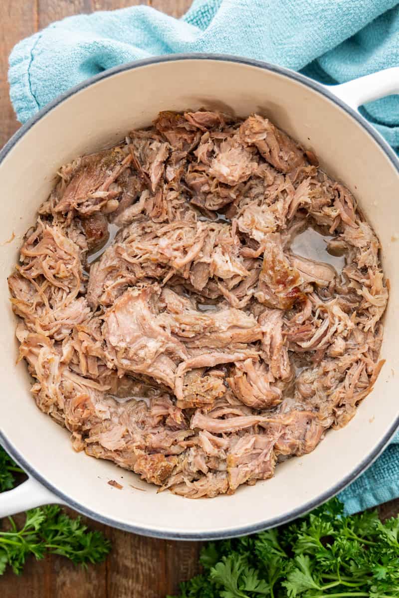 BBQ pulled pork in a dutch oven.