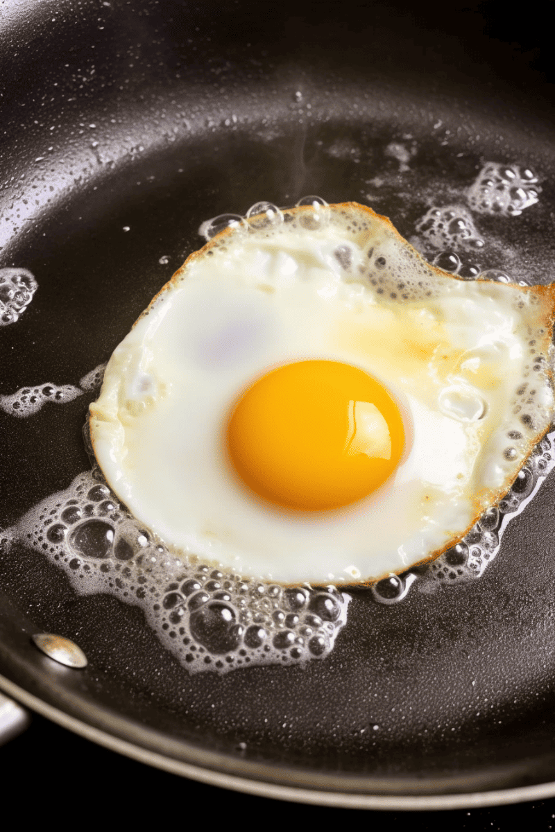 An egg frying in a skillet. 