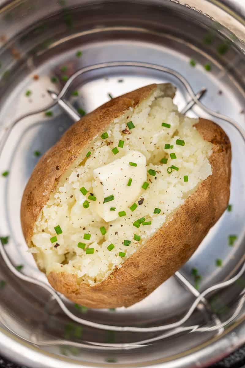 A top view of a baked potato in an Instant Pot.