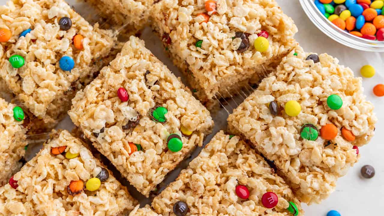 M&M Rice Krispie Treats - rice krispie treats with m&ms