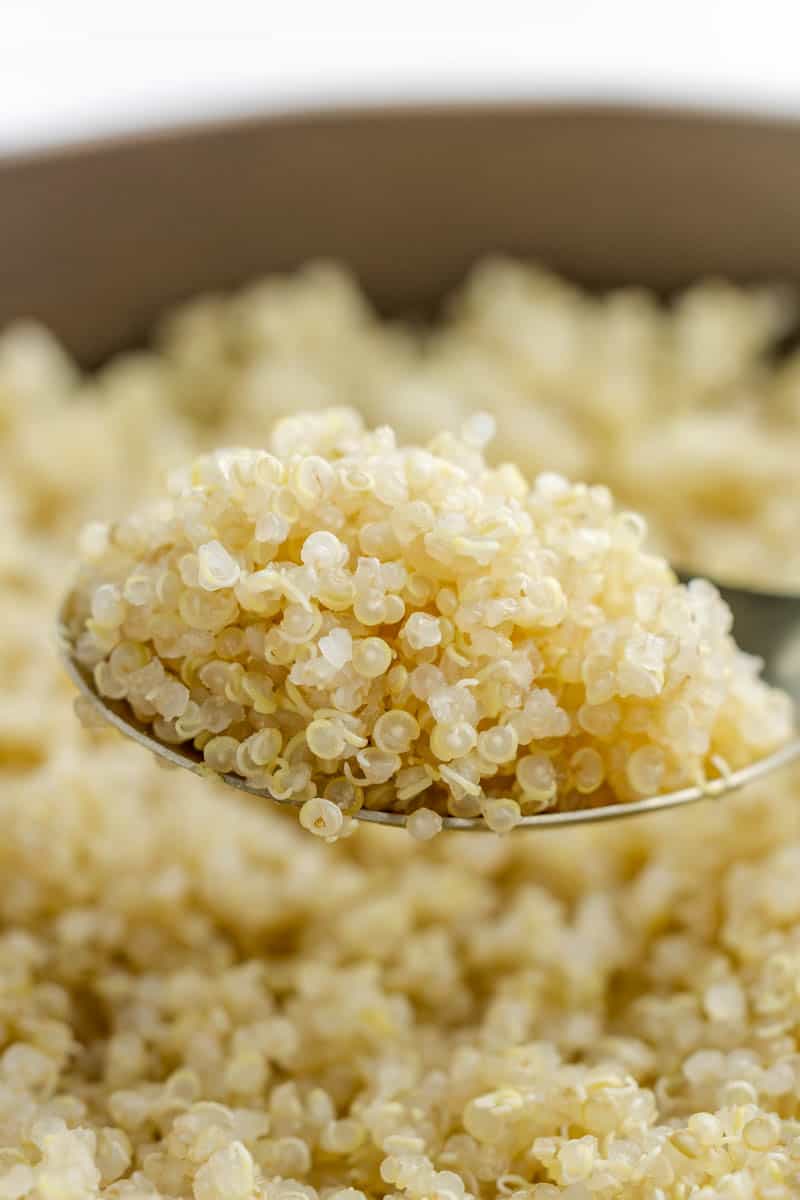 Close up view of quinoa on a spoon.