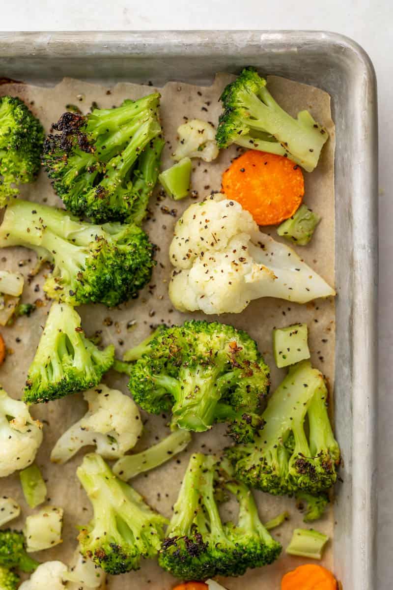 CA blend veggies in a roasting pan.