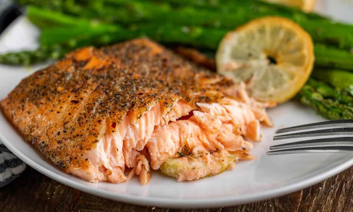 Close up view of smoked salmon.