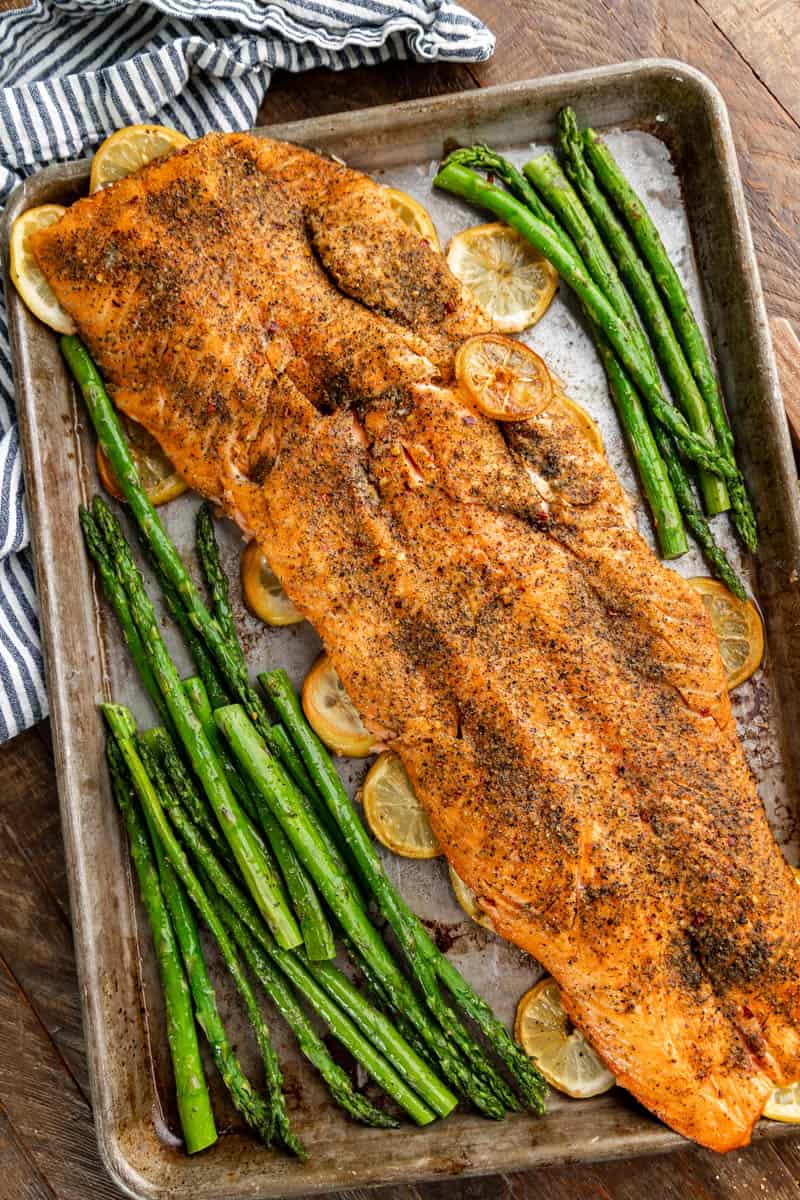 Overhead view of smoked salmon on a baking sheet.