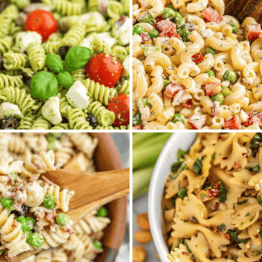 Decorative collage image of summer pasta salad recipes.