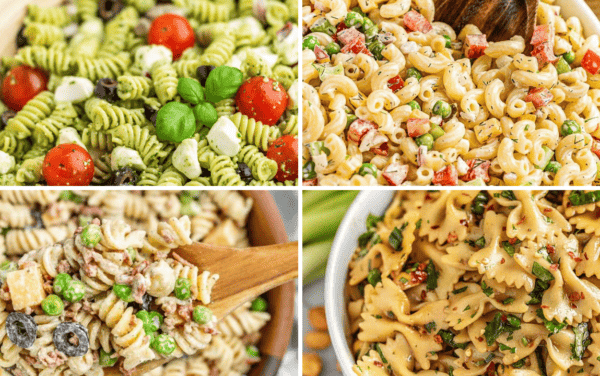 Decorative collage image of summer pasta salad recipes.