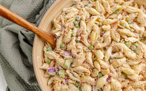 Overhead view of tuna pasta salad.