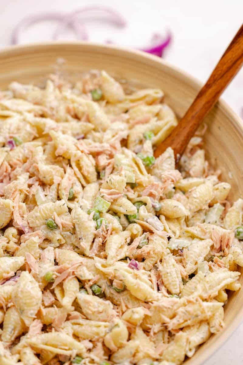 Tuna pasta salad in a serving bowl.