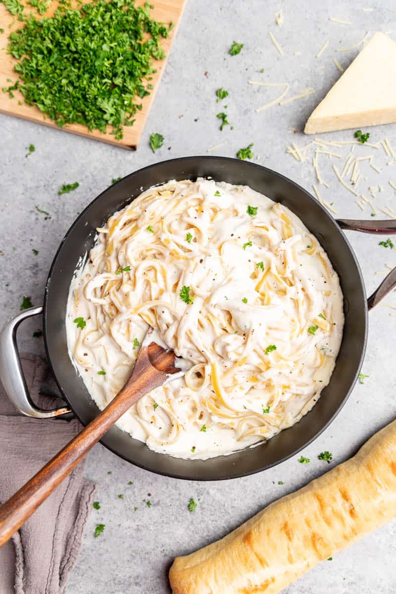 Overhead view of fettuccine Alfredo.