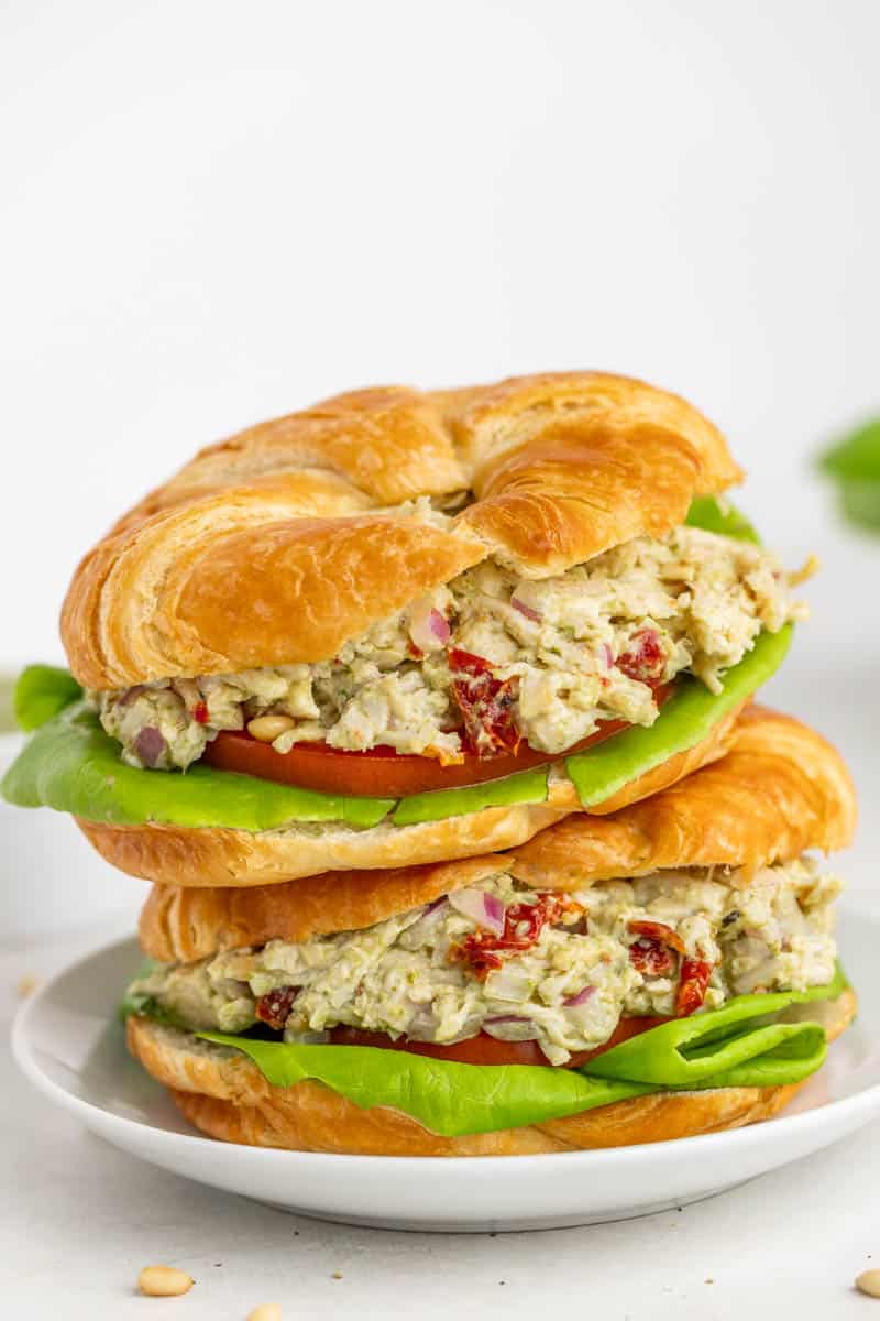 Pesto chicken salad on a croissant.