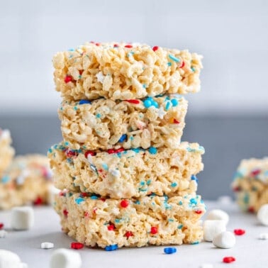 A stack of red, white, and blue Rice Krispie treats.