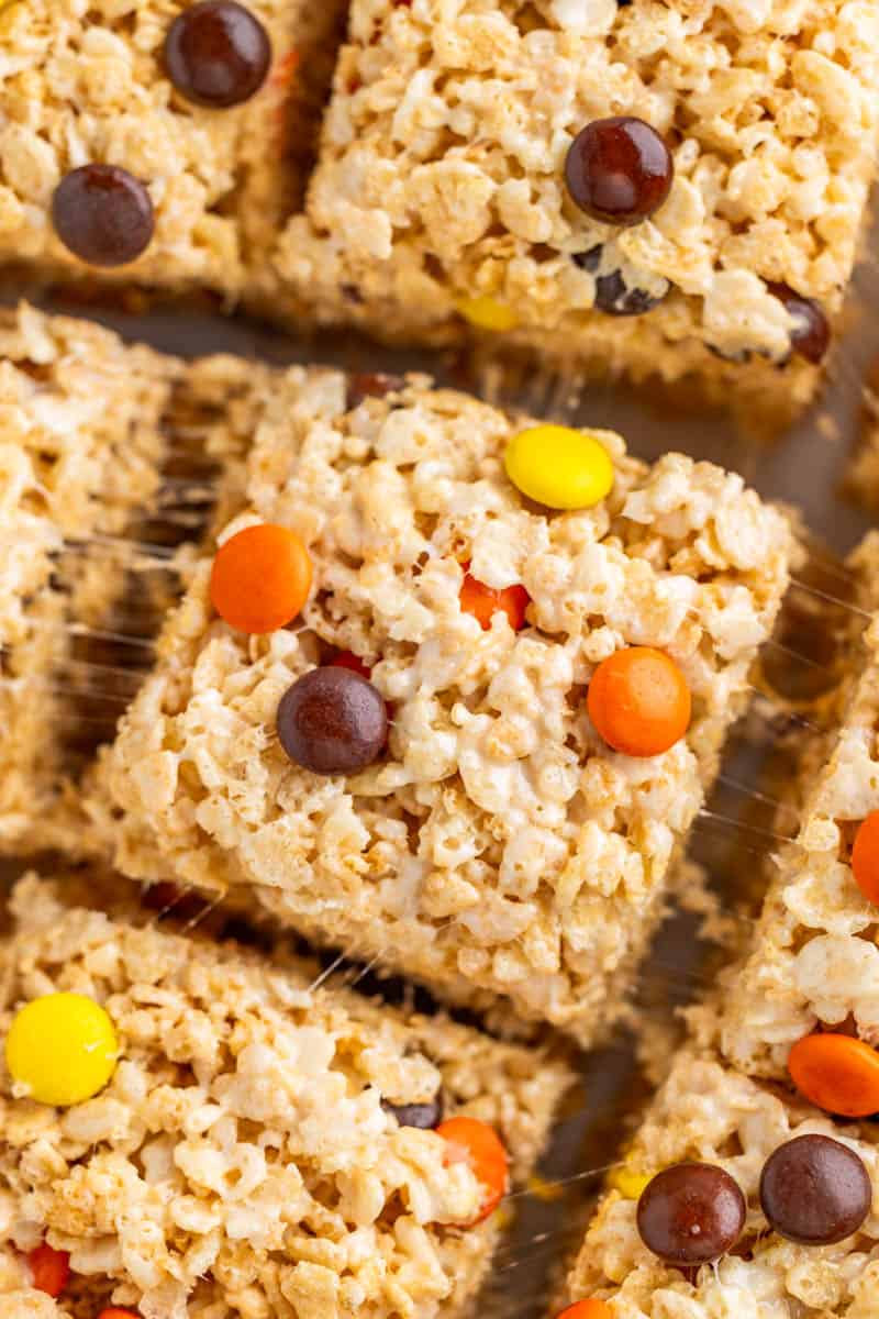 Overhead view of Reese's pieces Rice Krispie treats.