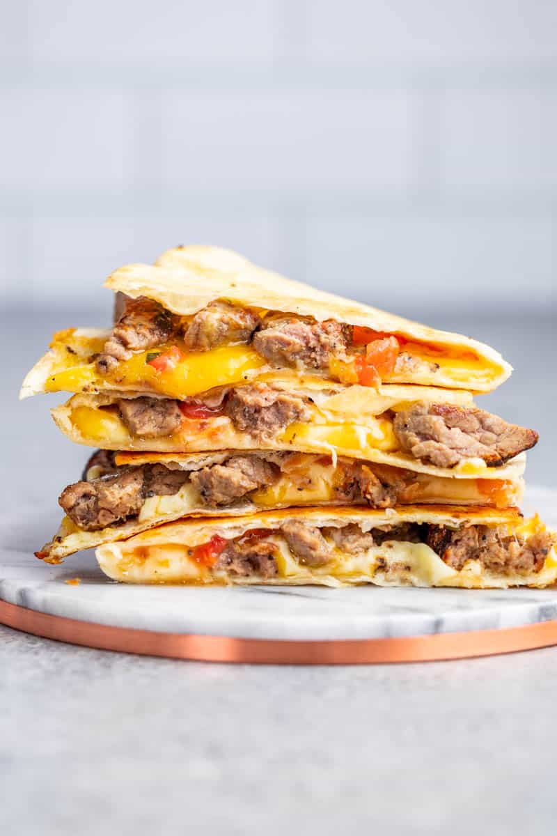 Close up view of steak quesadillas.