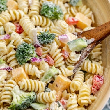 Overhead view of creamy ranch pasta salad in a bowl.