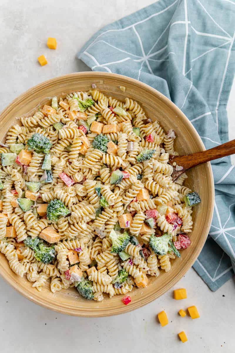 Overhead view of a bowl filled with easy ranch pasta salad.