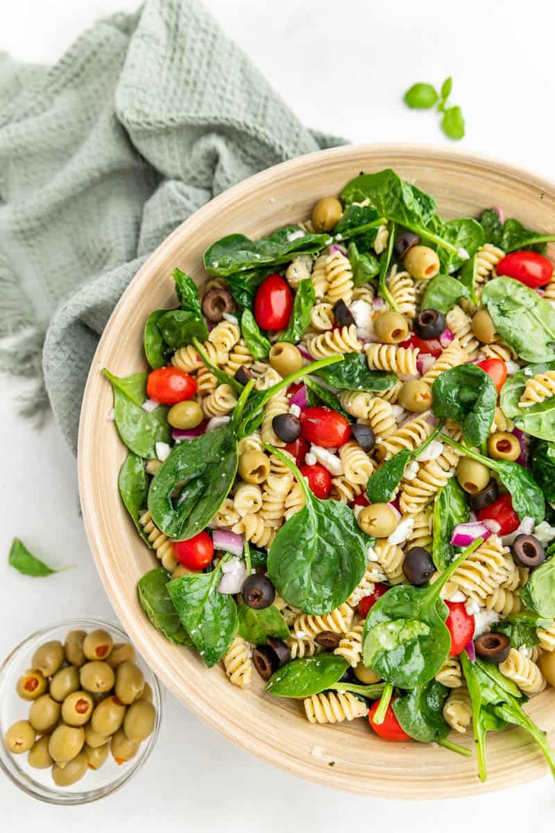 Overhead view of mediterranean pasta salad.