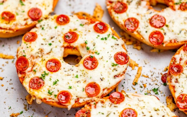 Close up view of pizza bagels.