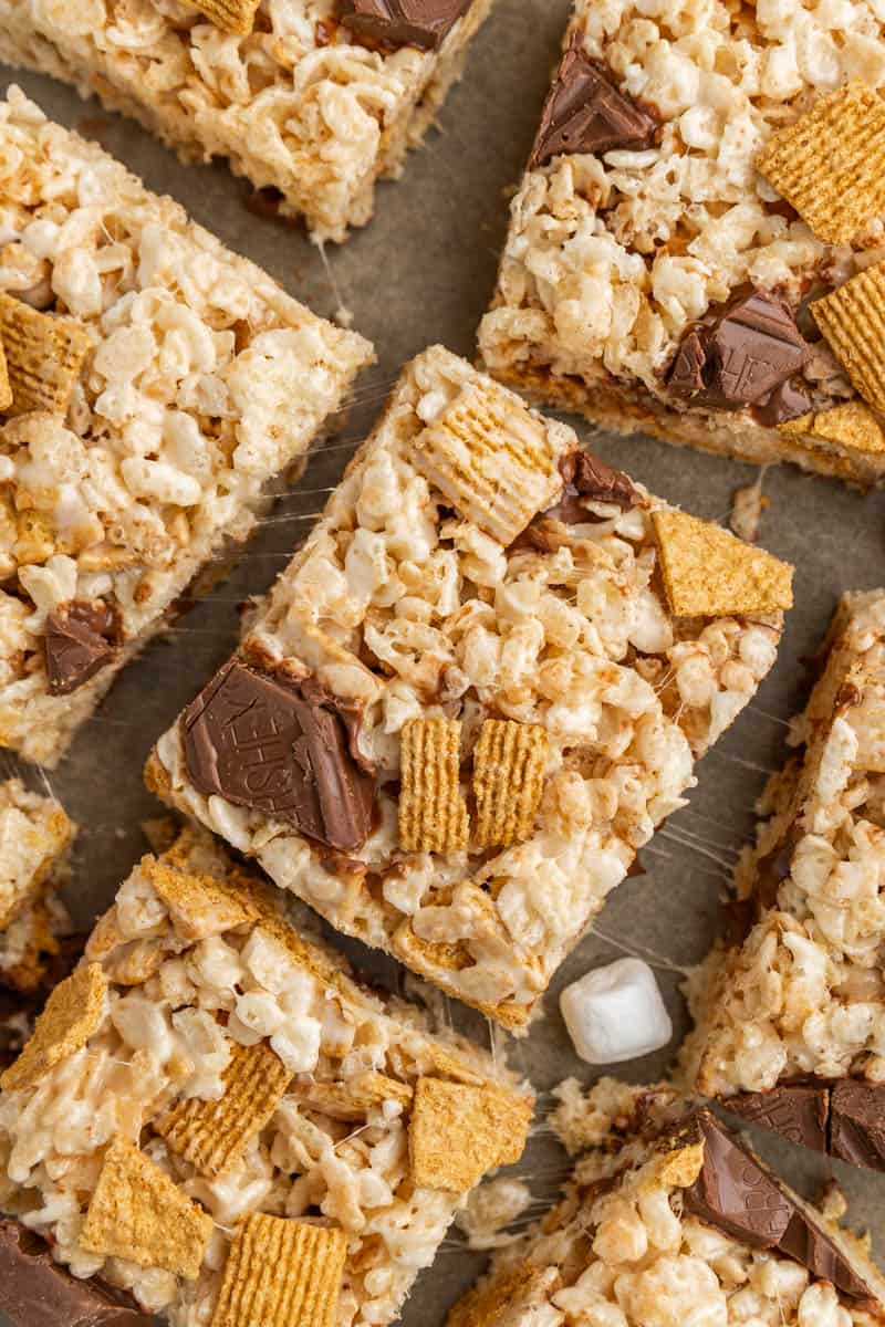 Overhead view of s'mores Rice Krispie treats.