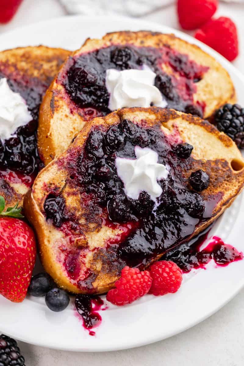 Close up overhead view of sourdough French toast with fresh jam.