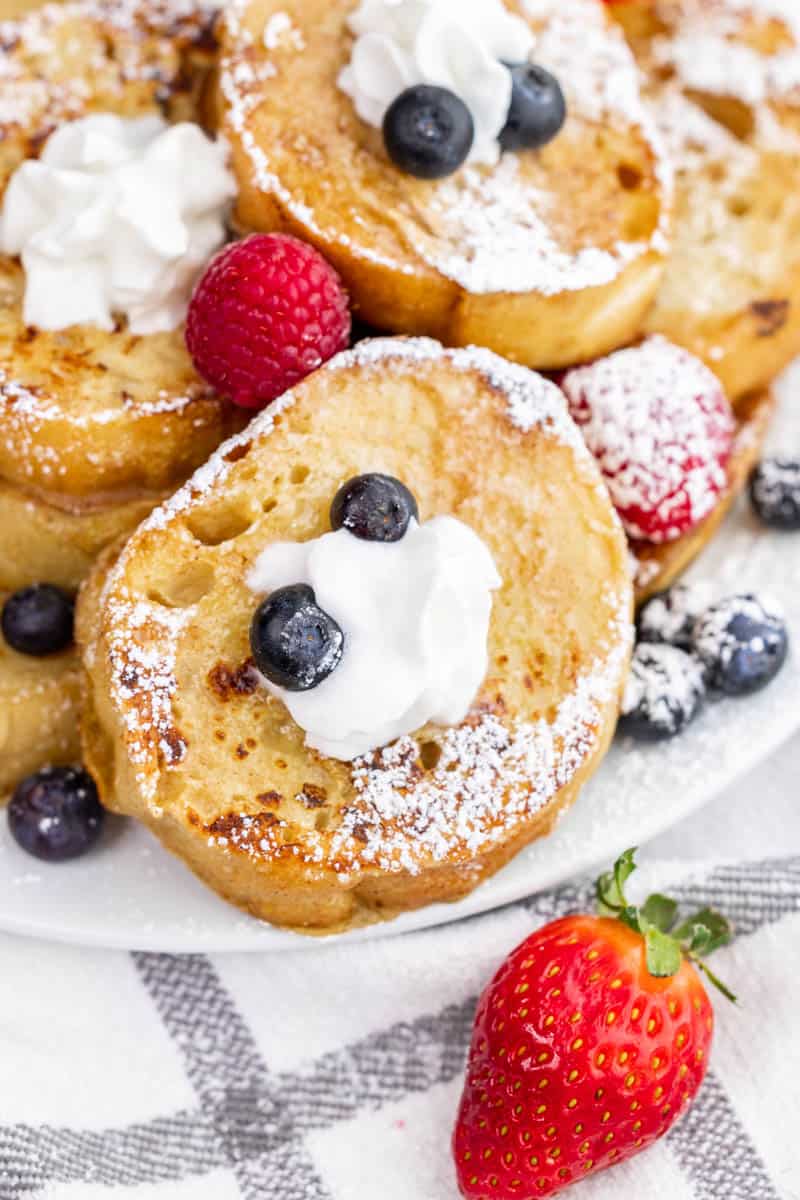 up close view of air fryer french toast on plate