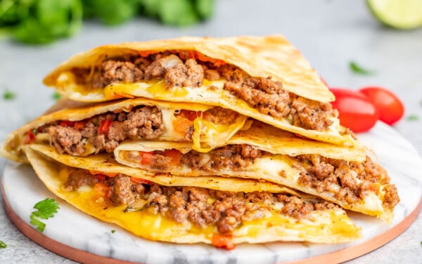 Close up view of a beef quesadilla.