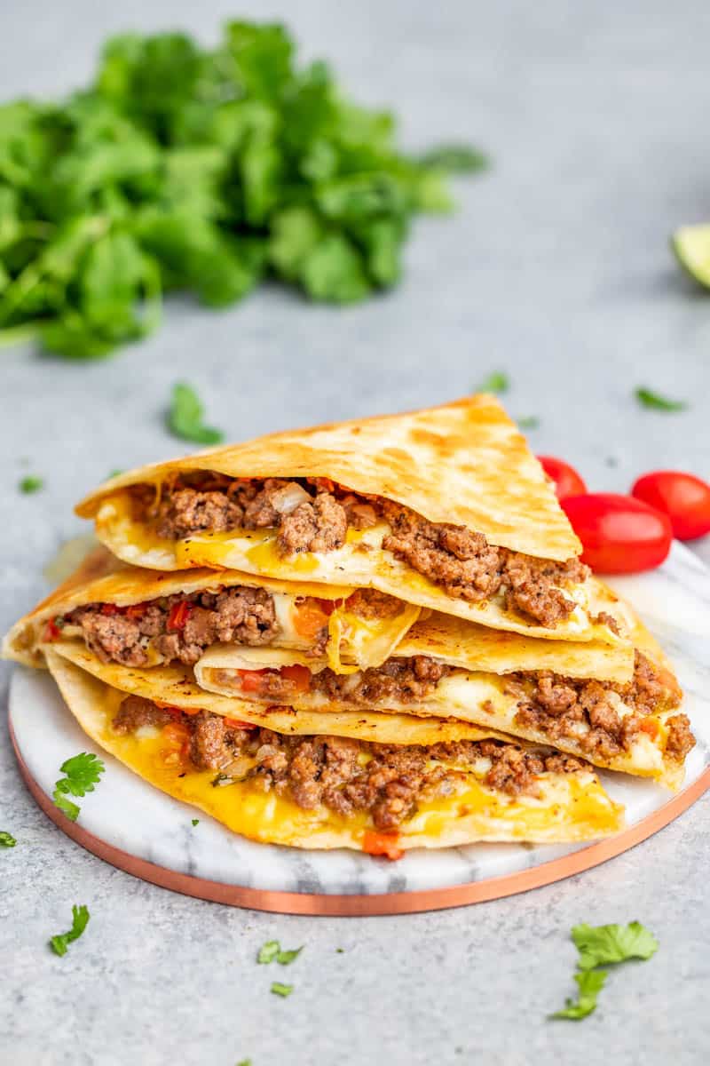 Beef quesadilla on a platter.