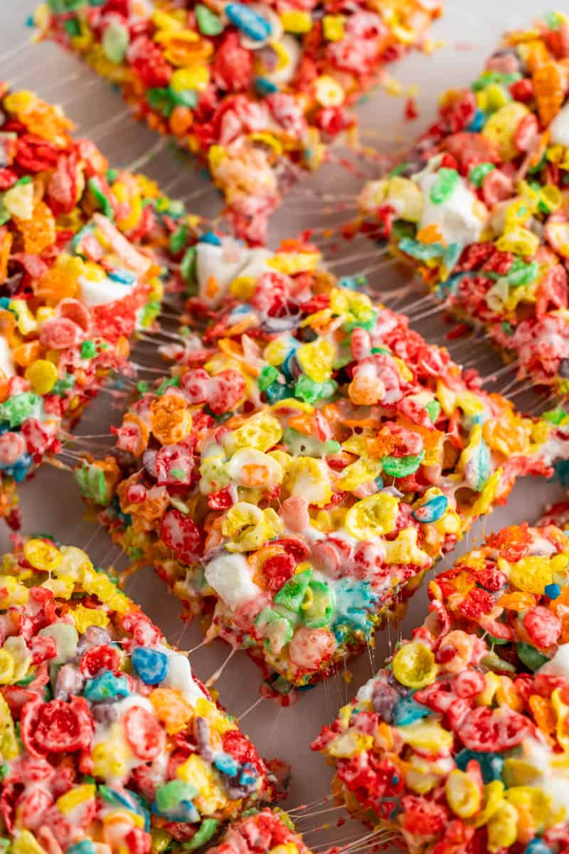 Overhead view of fruity pebbles Rice Krispie treats.