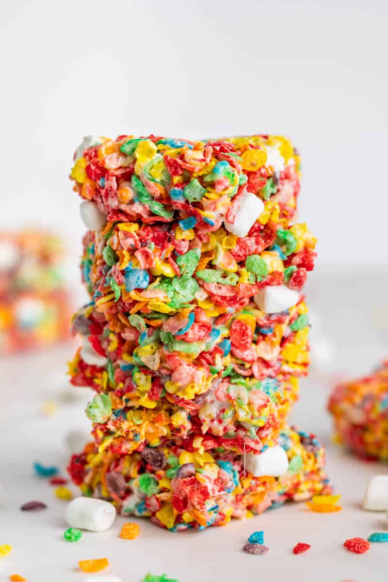 A stack of fruity pebbles Rice Krispie treats.