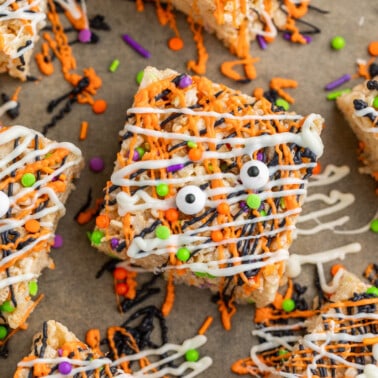 Close up overhead view of Halloween decorated Rice Krispie treats.