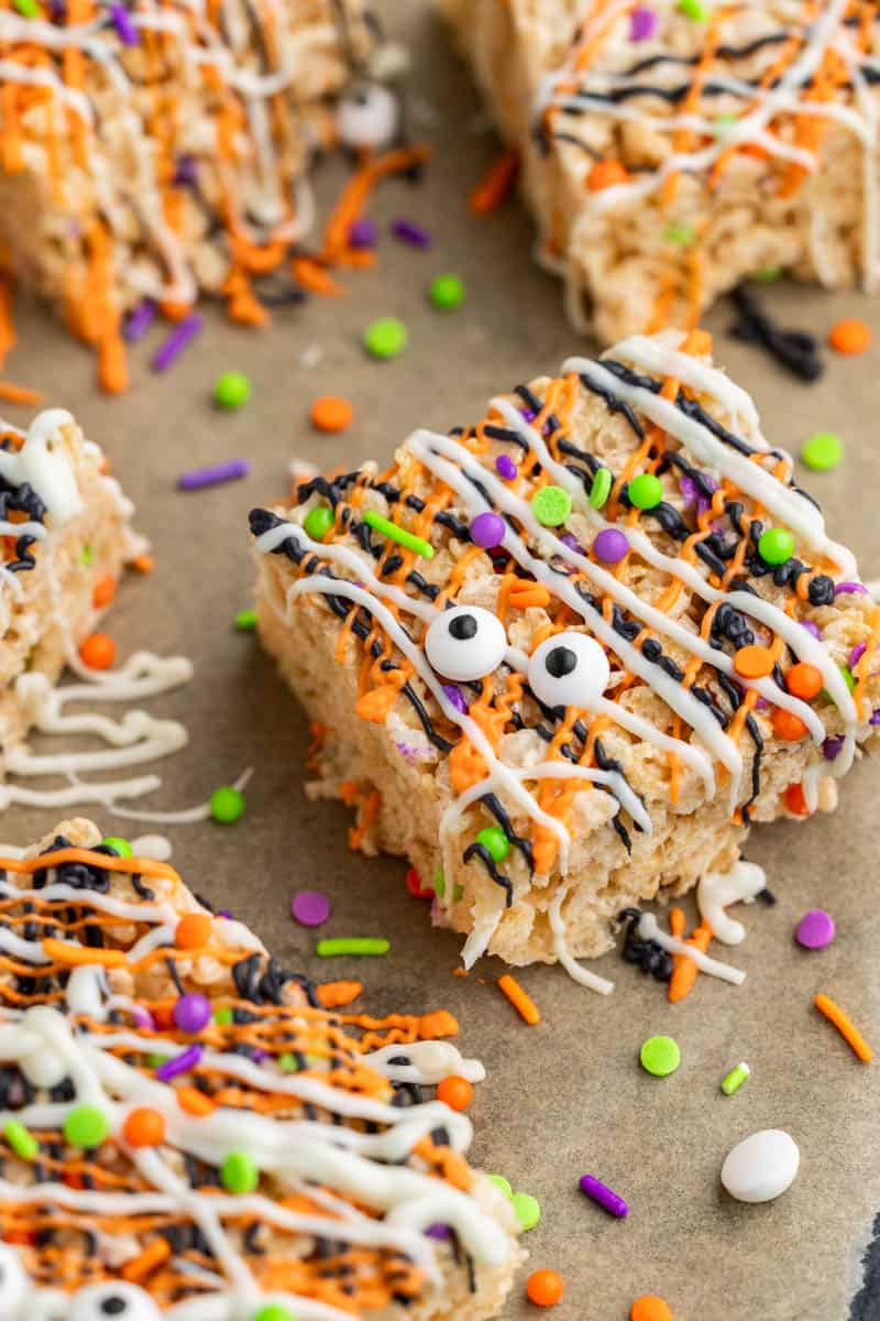 Close up view of Halloween Rice Krispie treats.