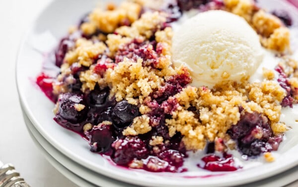 Close up view of mixed berry crumble.
