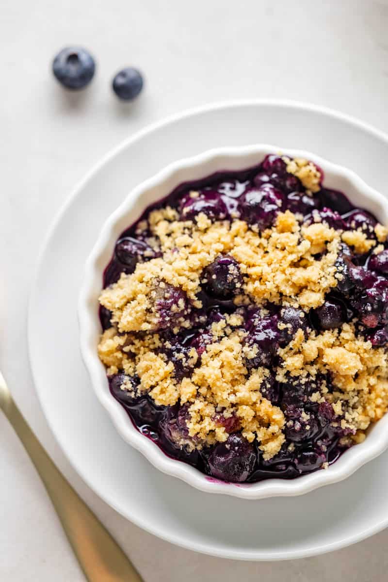 Overhead view of a blueberry crumble.