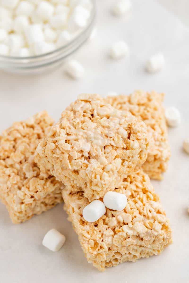Brown butter Rice Krispie treats stacked on top of each other.