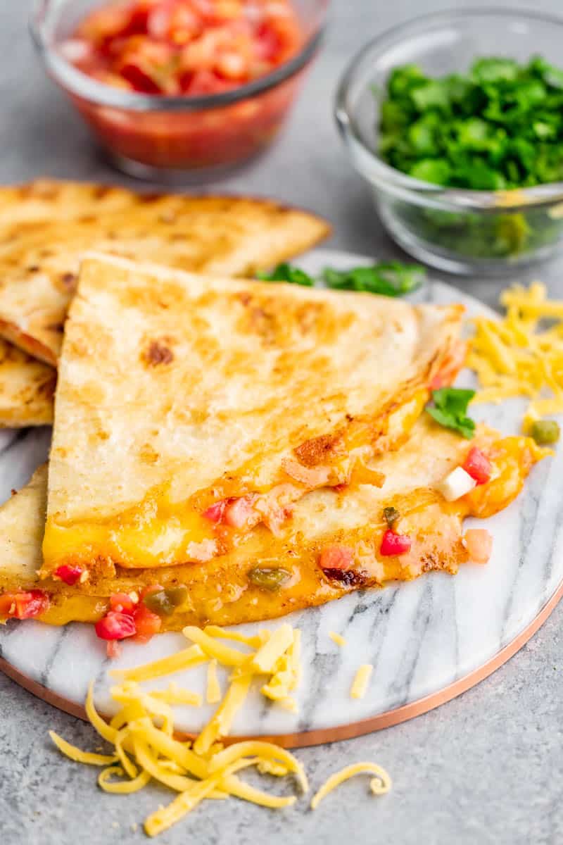 Close up overhead view of a cheese quesadilla.