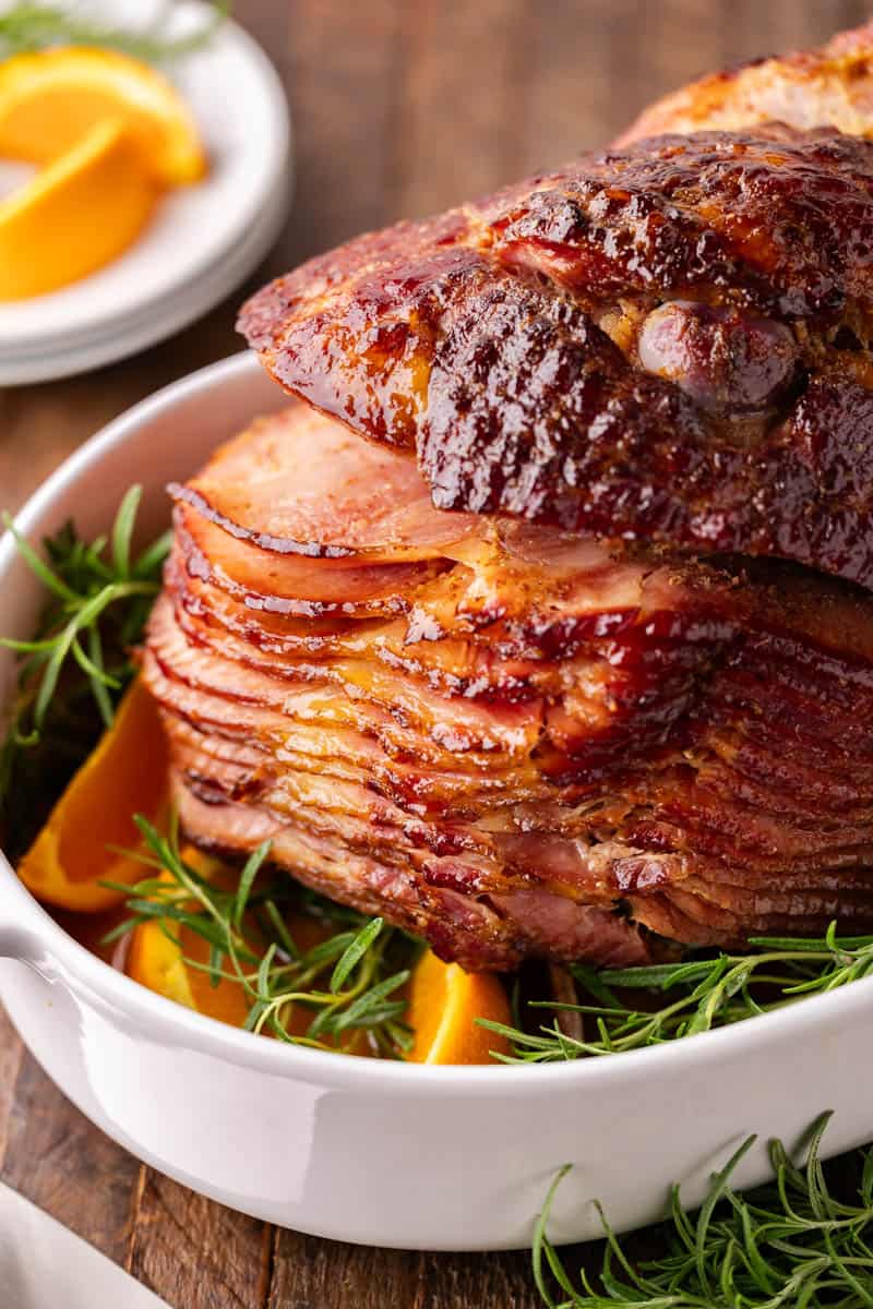 Spiral ham in a baking dish.